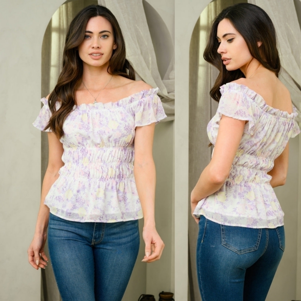 Smocked Floral Off Shoulder Blouse | Boho Ruffle Top NWT S M L - Picture 2 of 6